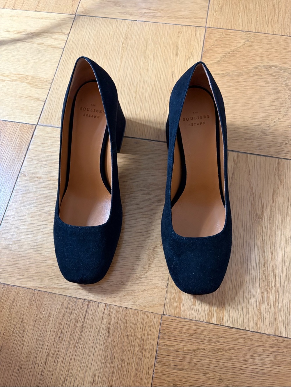 Sezane Black Suede Block Heel Pumps